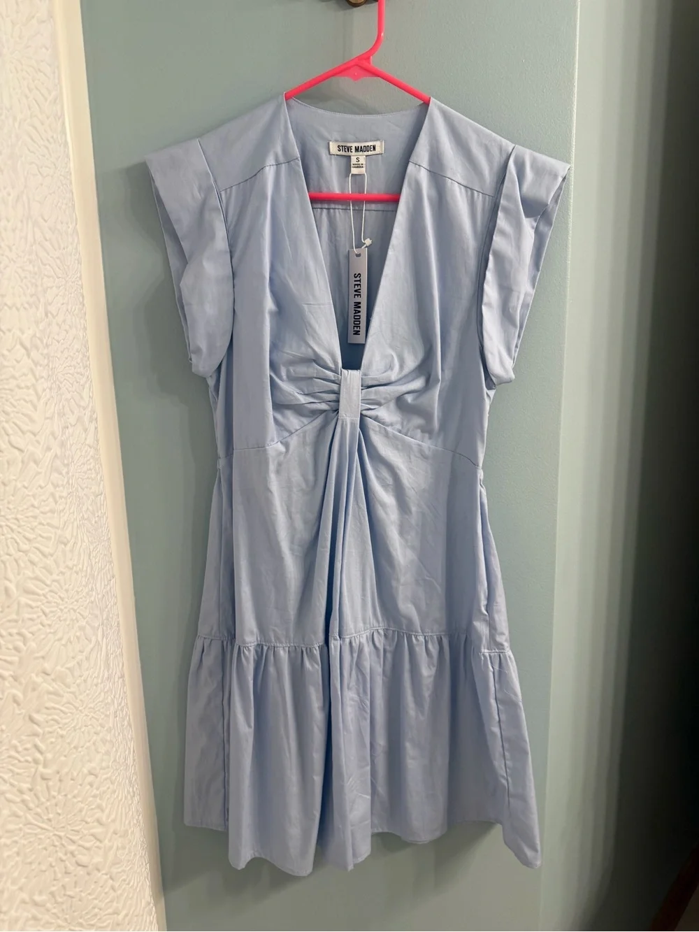Steve Madden Light Blue V-Neck Knot-Front Mini Dress